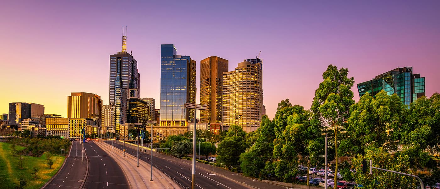 A sunset skyline view of Melbourne's CBD A sunset skyline view of Melbourne's CBD