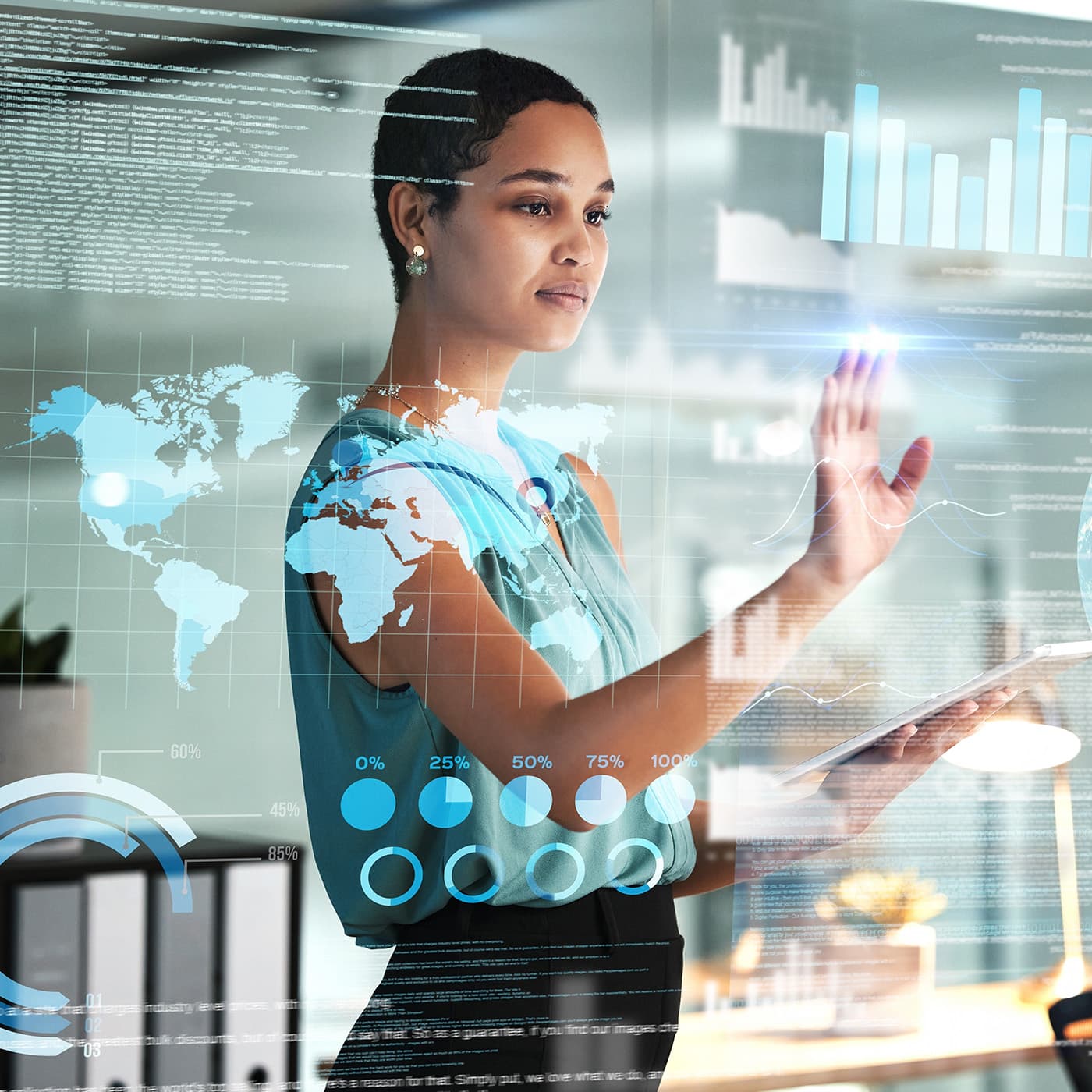 A business woman using an AI or UX interface to access a digital overlay of reporting logistics with a global network display. A business woman using an AI or UX interface to access a digital overlay of reporting logistics with a global network display.