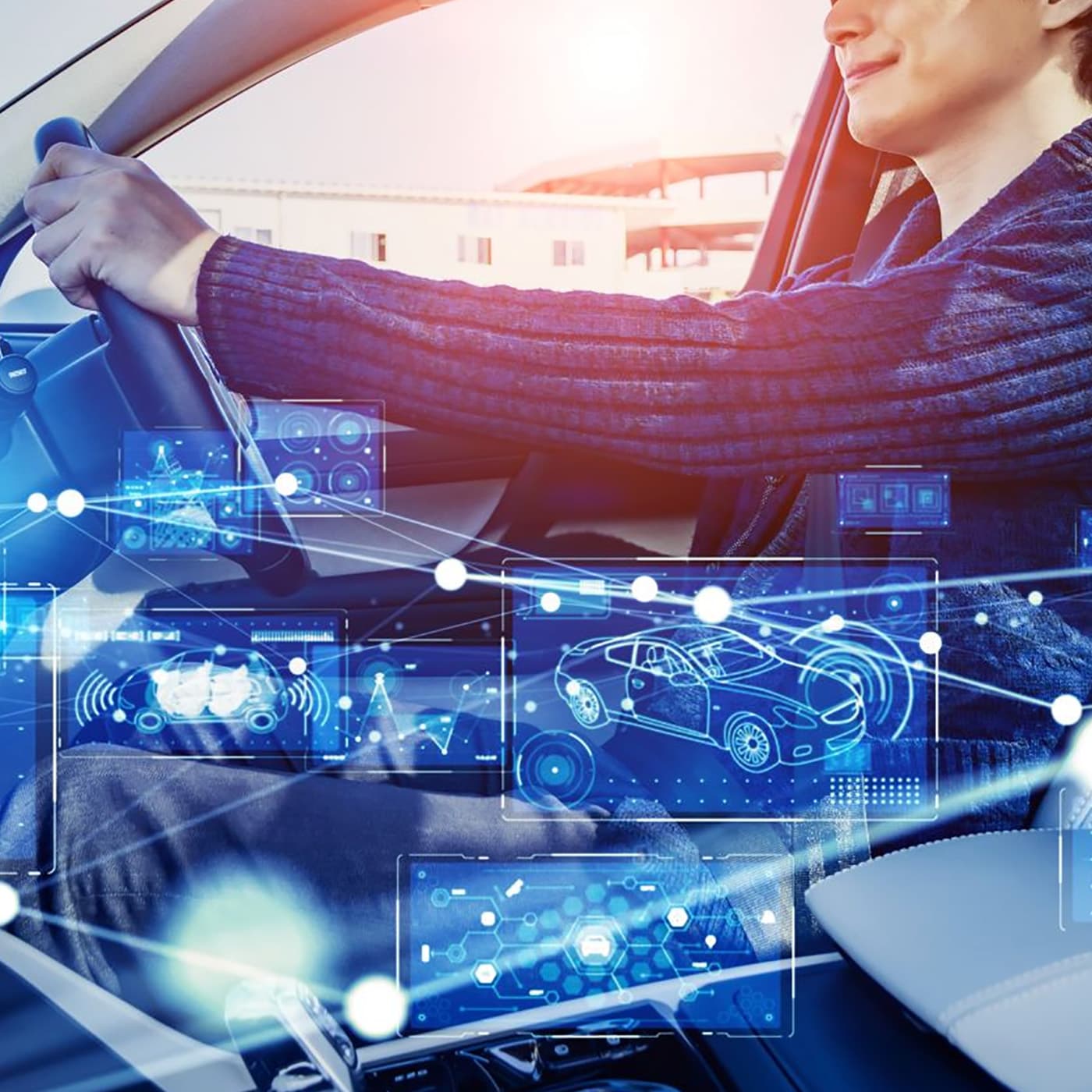 The hero image shows a mixed media illustration of male driver driving a car overlaid with digital technology concepts that depict advanced driver-assistance systems, such as telematics and AI automation. The hero image shows a mixed media illustration of male driver driving a car overlaid with digital technology concepts that depict advanced driver-assistance systems, such as telematics and AI automation.