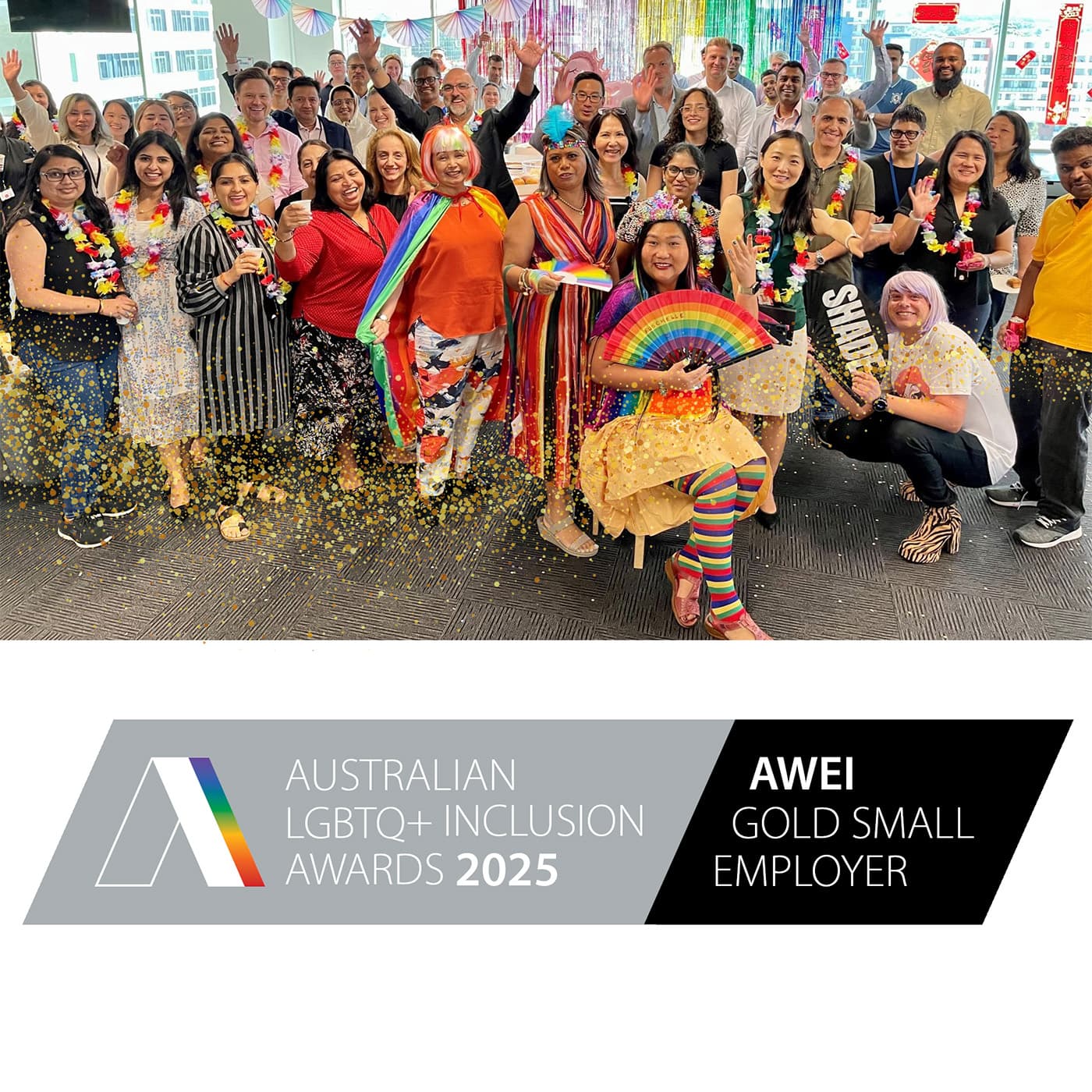 A photo of Custom Fleet staff celebrating Pride and the AWEI logo underneath. A photo of Custom Fleet staff celebrating Pride and the AWEI logo underneath.