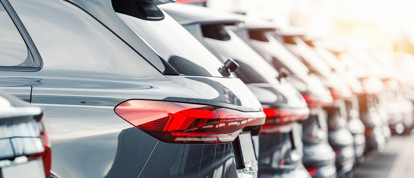 A rear view of a row of dark coloured fleet passenger vehicles. A rear view of a row of dark coloured fleet passenger vehicles.