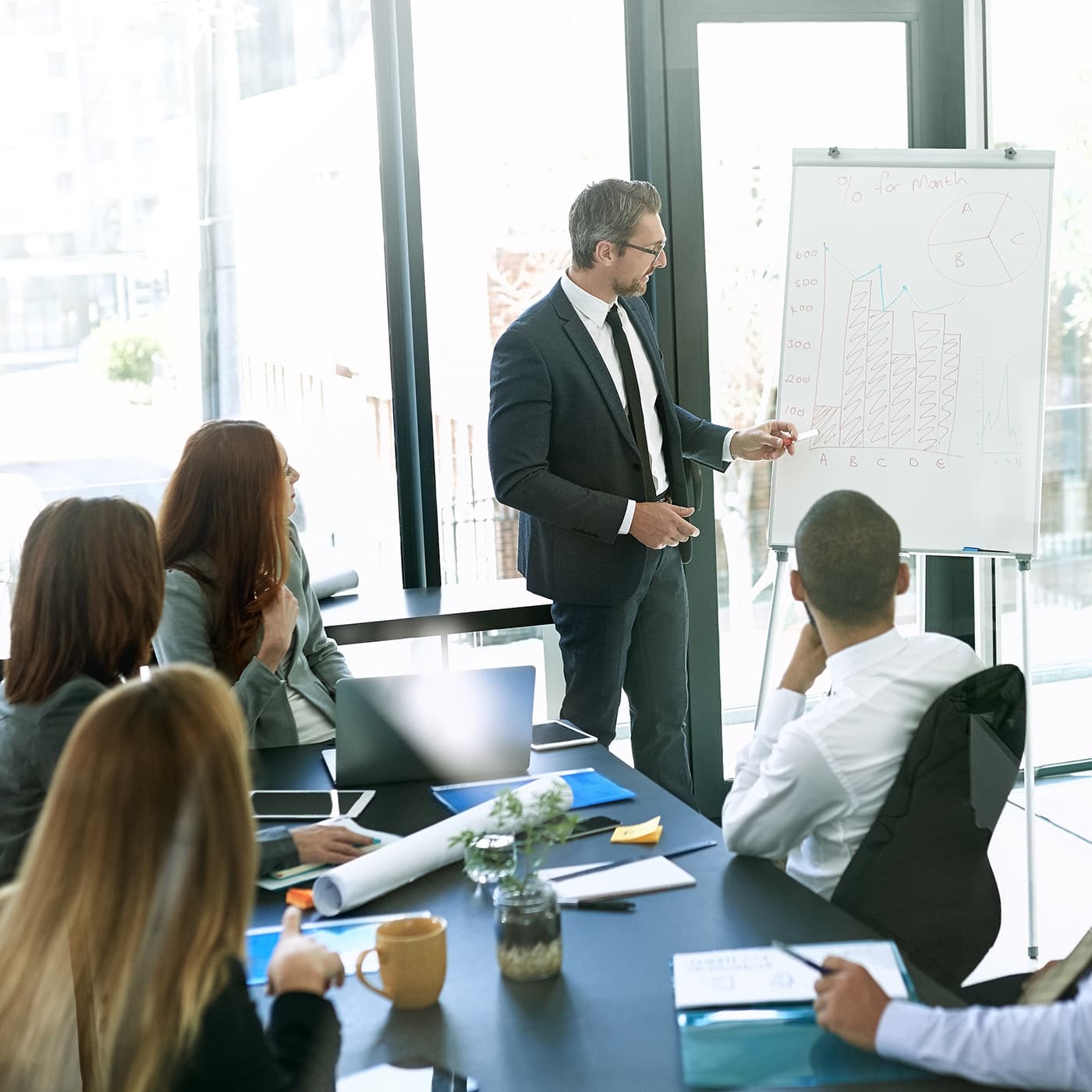 Business people and presentation with whiteboard in an office, discussing fleet optimisation for a customer. Business people and presentation with whiteboard in an office, discussing fleet optimisation for a customer.