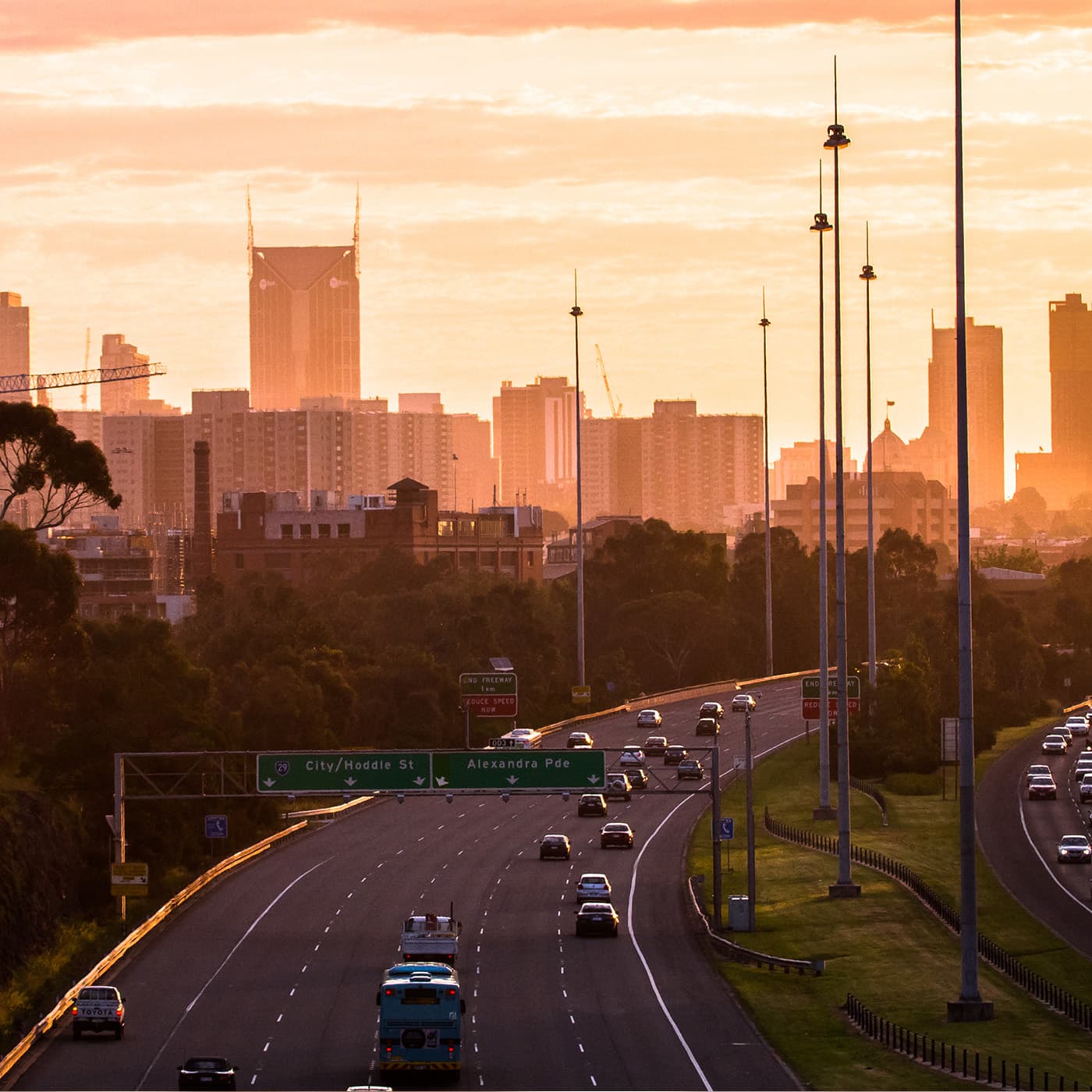 Melbourne City Skyline Above the Freeway at sunset. Melbourne City Skyline Above the Freeway at sunset.