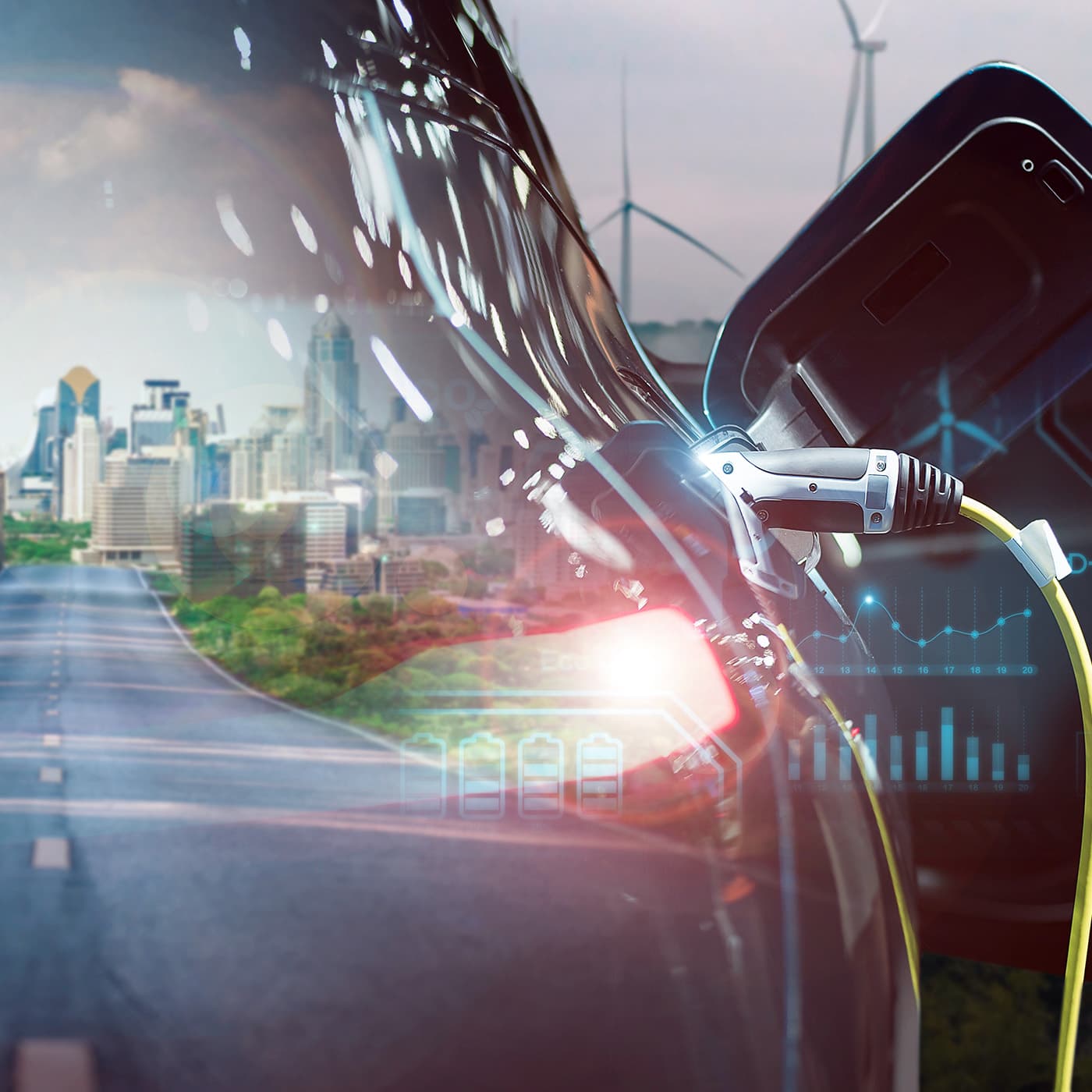 Electric vehicle charging against a backdrop of a modern cityscape, symbolizing the shift towards sustainable urban transportation and clean energy. Electric vehicle charging against a backdrop of a modern cityscape, symbolizing the shift towards sustainable urban transportation and clean energy.