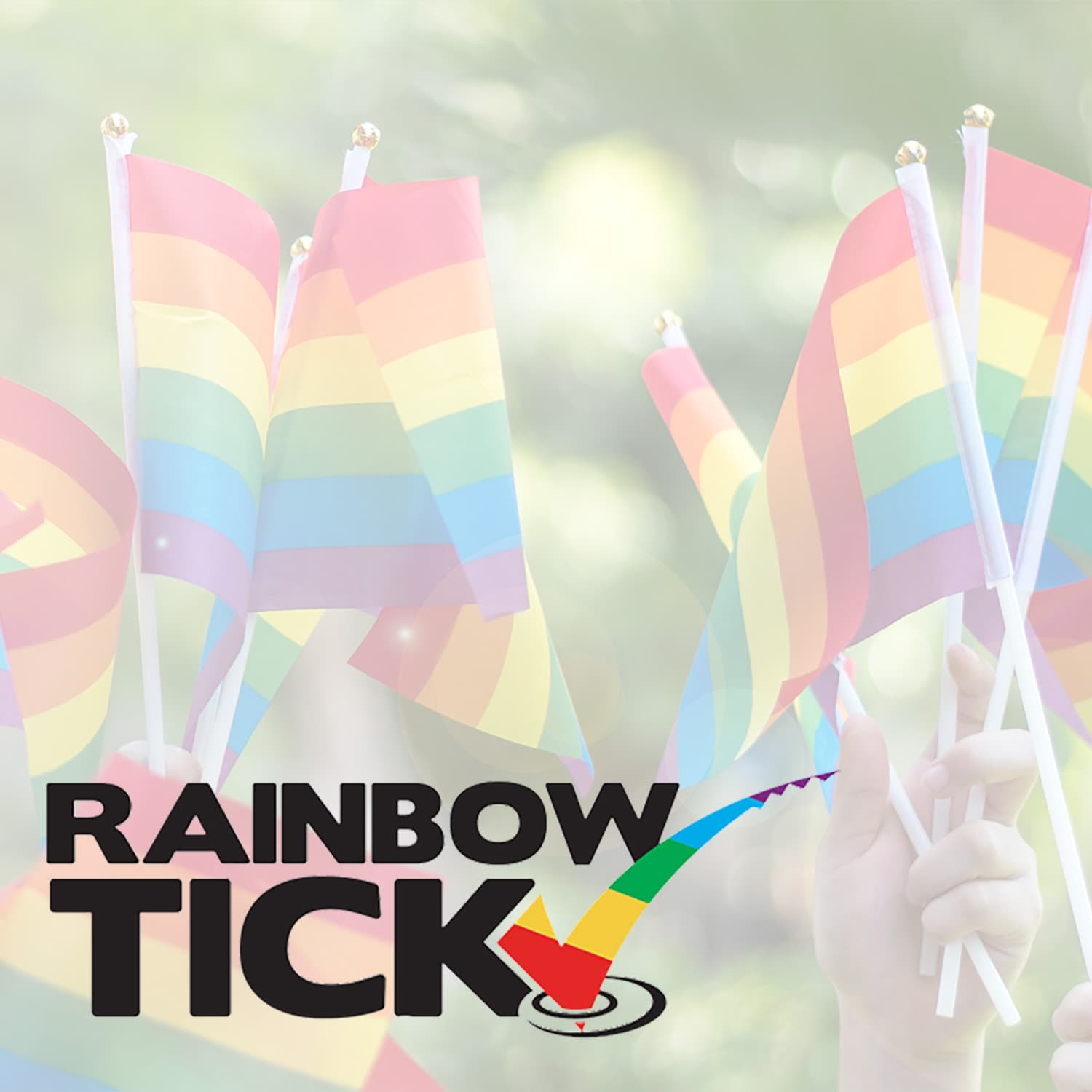 A close up of many hands waving rainbow flags overlaid with the Rainbow Tick logo in the bottom left. A close up of many hands waving rainbow flags overlaid with the Rainbow Tick logo in the bottom left.