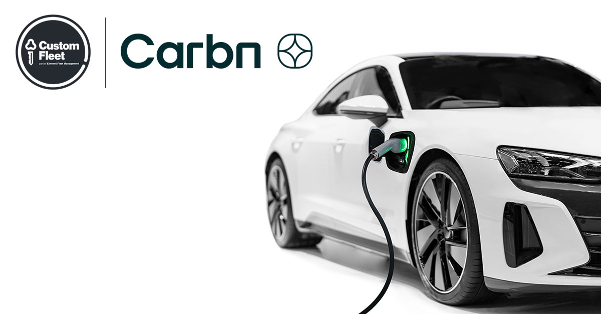 On the right side of the image a white electric vehicle is plugged in and charging. At top left, the Custom Fleet and Carbn logos are displayed.