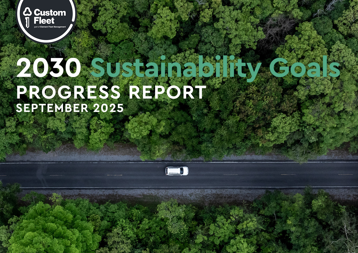 The hero image shows a single car driving through a forest. The Custom Fleet logo is at top left, and displays the words '2030 Sustainability Goals Progress Report September 2025'